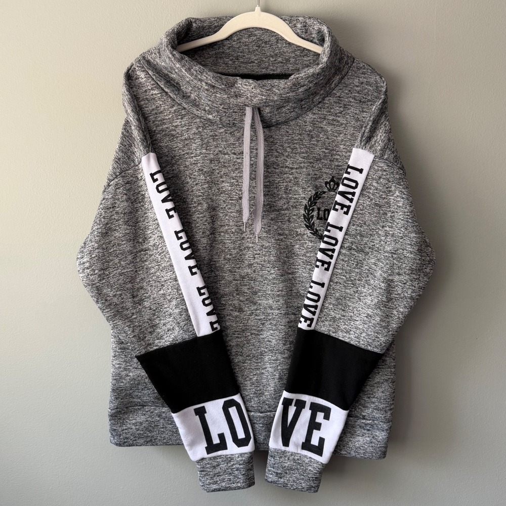 Love Sweatshirt 2XL Funnel Neck Gray Pullover Women Plus Size
